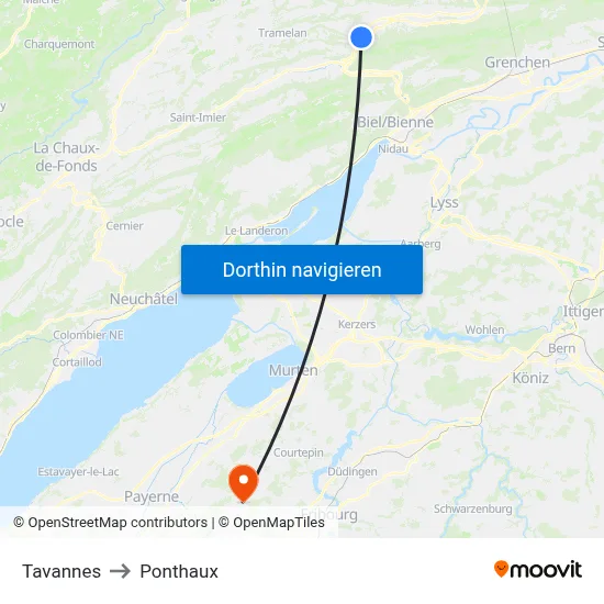 Tavannes to Ponthaux map