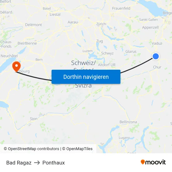 Bad Ragaz to Ponthaux map