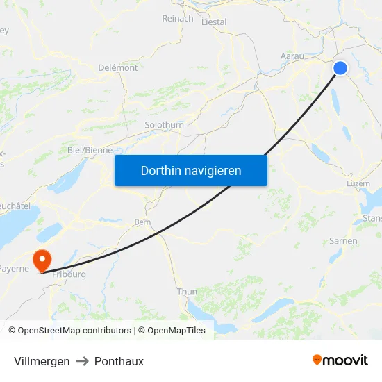 Villmergen to Ponthaux map
