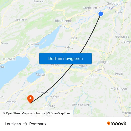 Leuzigen to Ponthaux map