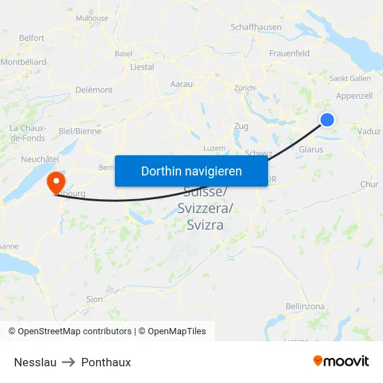 Nesslau to Ponthaux map