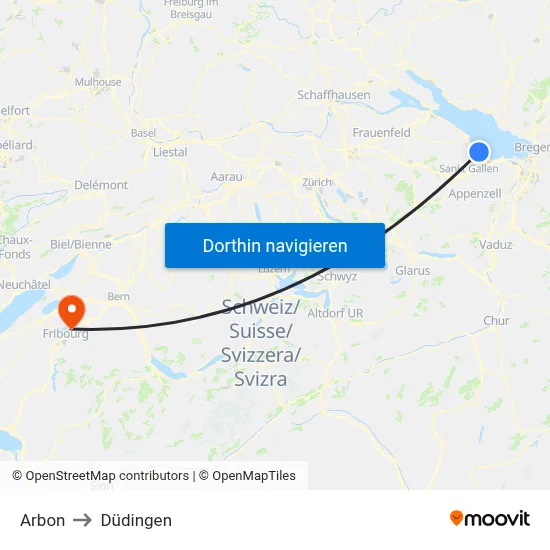 Arbon to Düdingen map