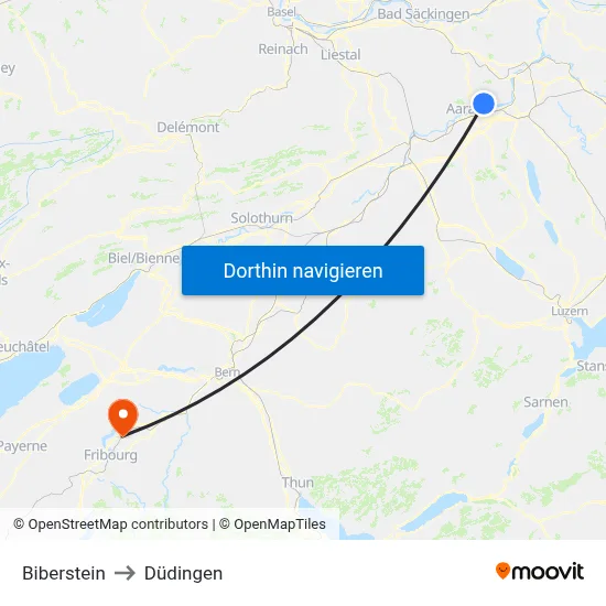 Biberstein to Düdingen map