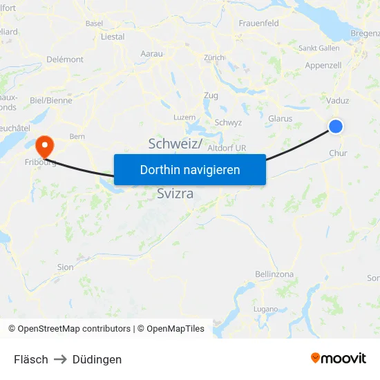 Fläsch to Düdingen map