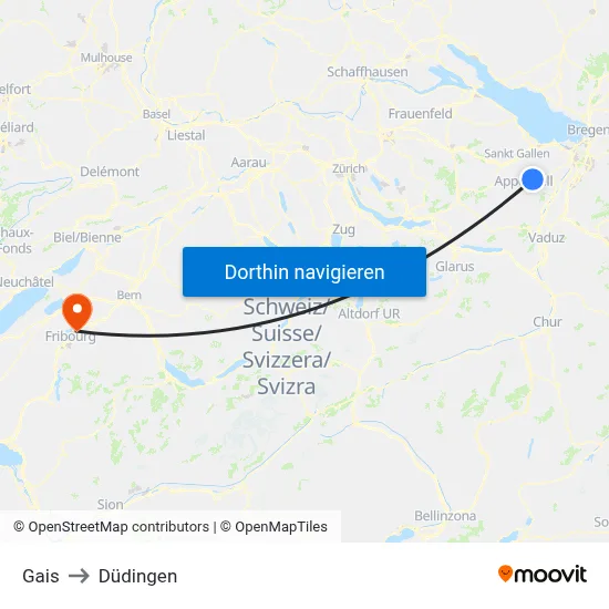 Gais to Düdingen map