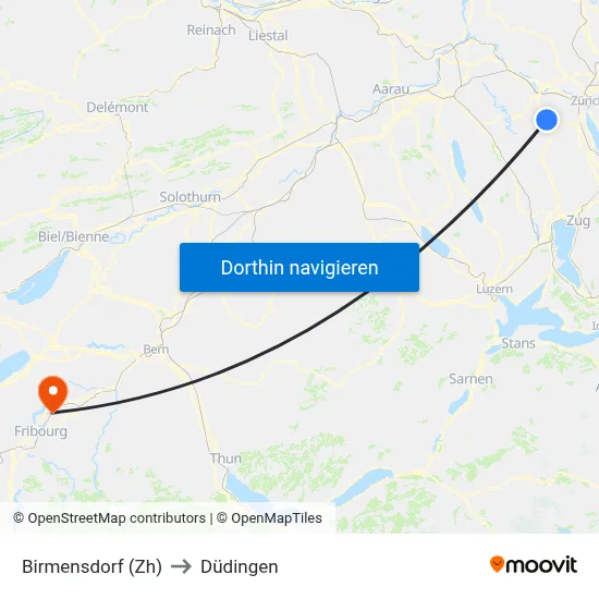 Birmensdorf (Zh) to Düdingen map