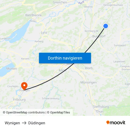 Wynigen to Düdingen map