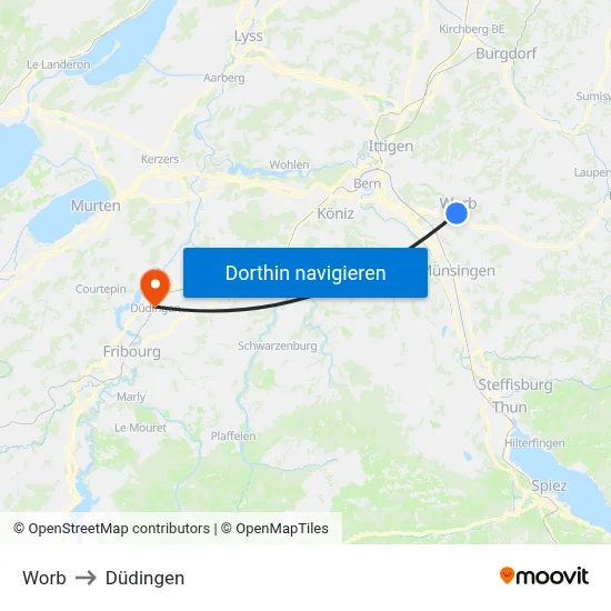 Worb to Düdingen map