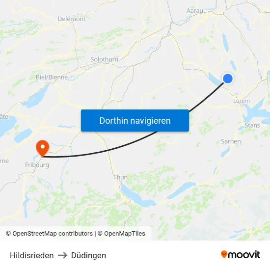 Hildisrieden to Düdingen map