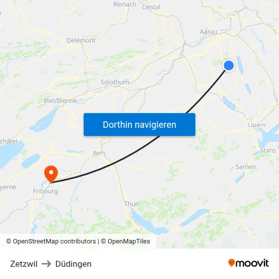 Zetzwil to Düdingen map