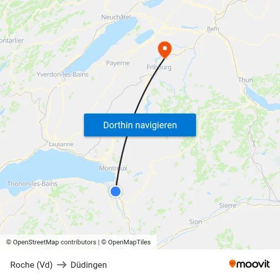 Roche (Vd) to Düdingen map