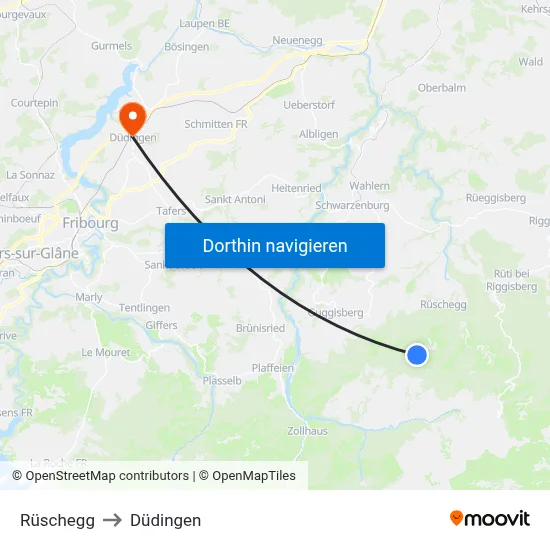 Rüschegg to Düdingen map
