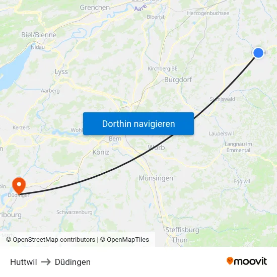 Huttwil to Düdingen map