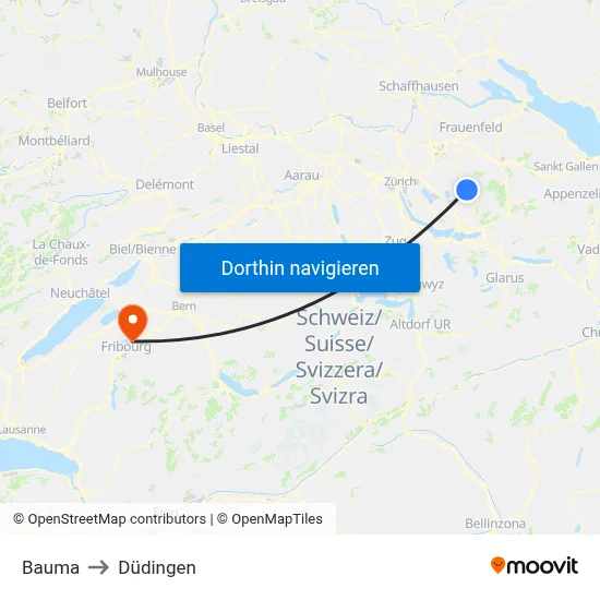 Bauma to Düdingen map
