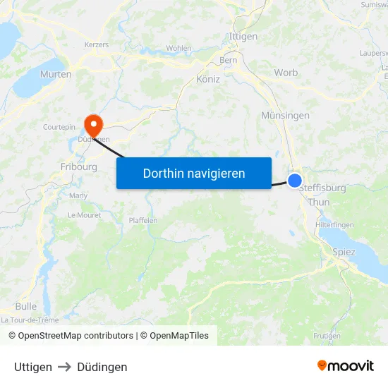 Uttigen to Düdingen map