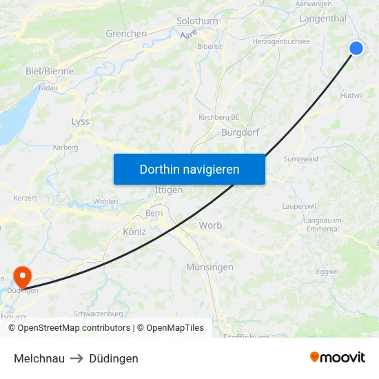Melchnau to Düdingen map