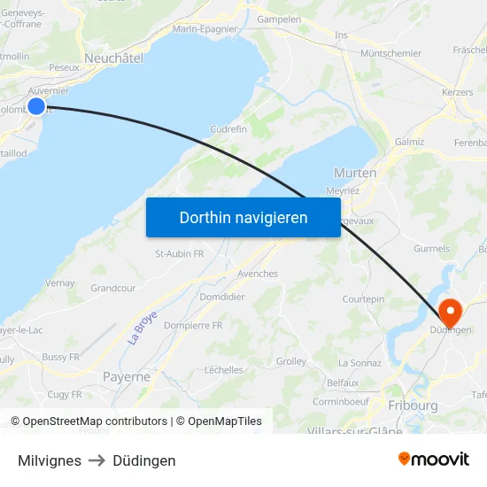Milvignes to Düdingen map