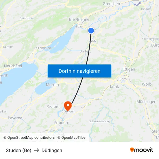 Studen (Be) to Düdingen map