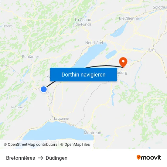 Bretonnières to Düdingen map