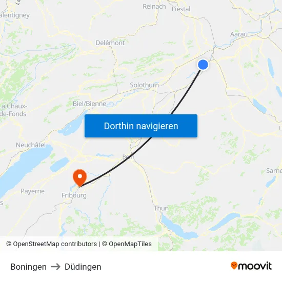 Boningen to Düdingen map