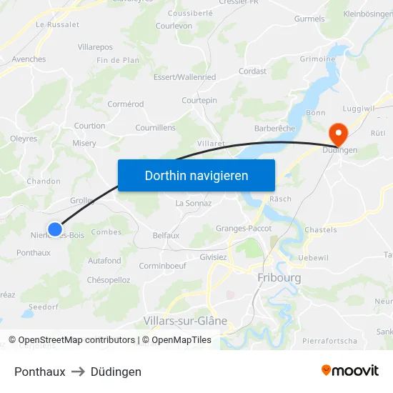 Ponthaux to Düdingen map