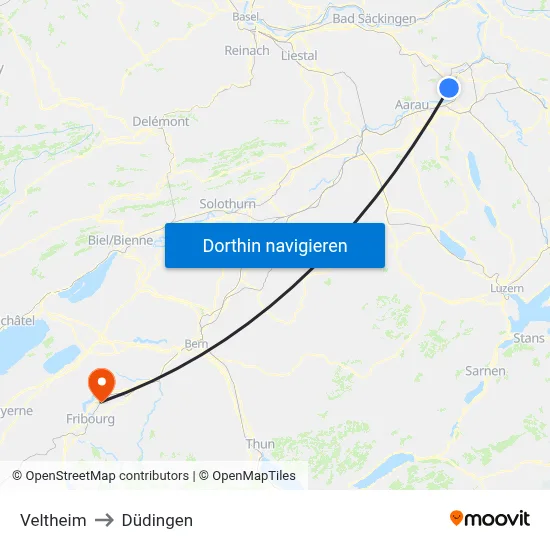 Veltheim to Düdingen map