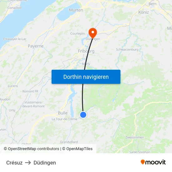 Crésuz to Düdingen map