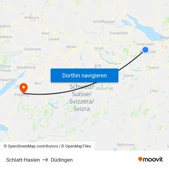 Schlatt-Haslen to Düdingen map