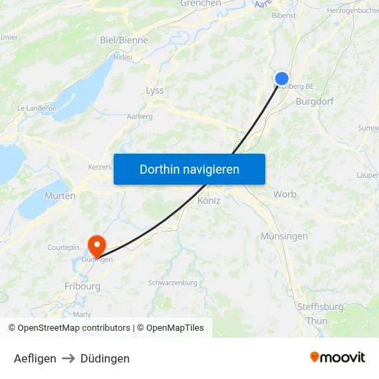Aefligen to Düdingen map
