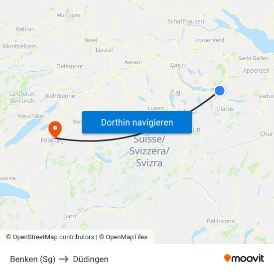 Benken (Sg) to Düdingen map