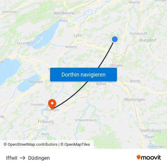 Iffwil to Düdingen map