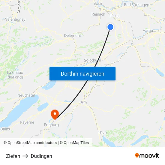 Ziefen to Düdingen map