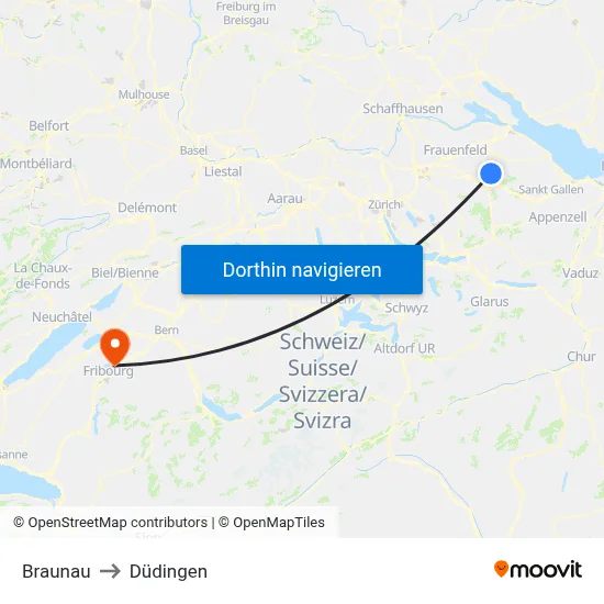 Braunau to Düdingen map