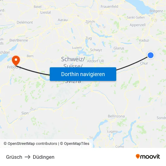 Grüsch to Düdingen map