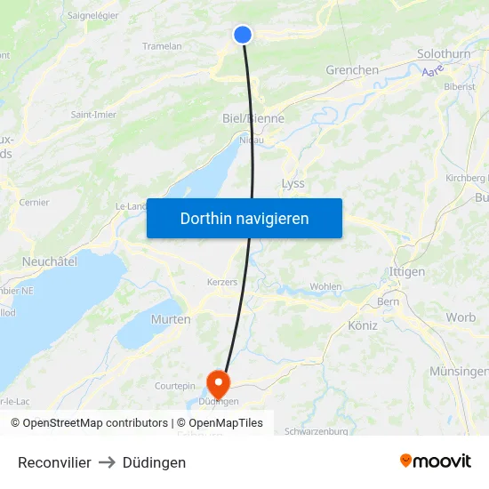 Reconvilier to Düdingen map