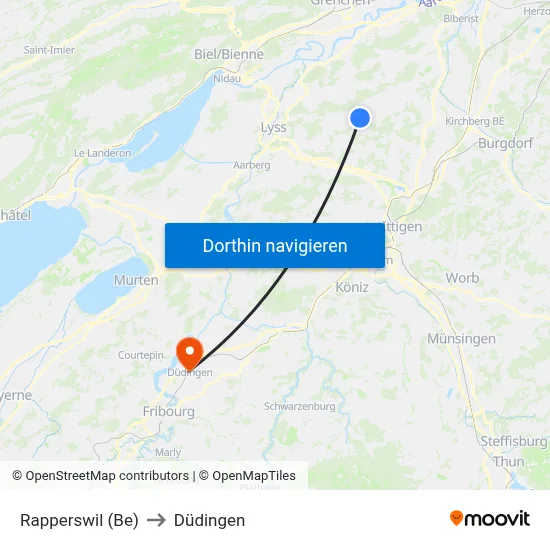 Rapperswil (Be) to Düdingen map