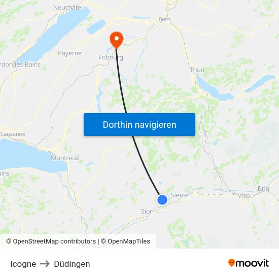 Icogne to Düdingen map