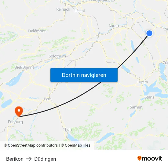 Berikon to Düdingen map