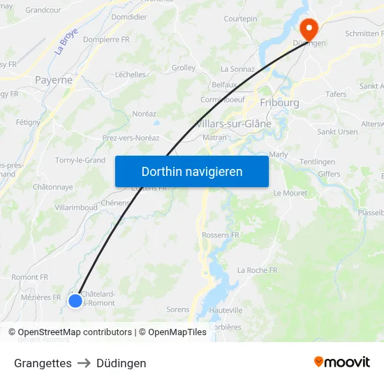 Grangettes to Düdingen map