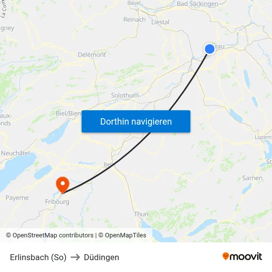 Erlinsbach (So) to Düdingen map
