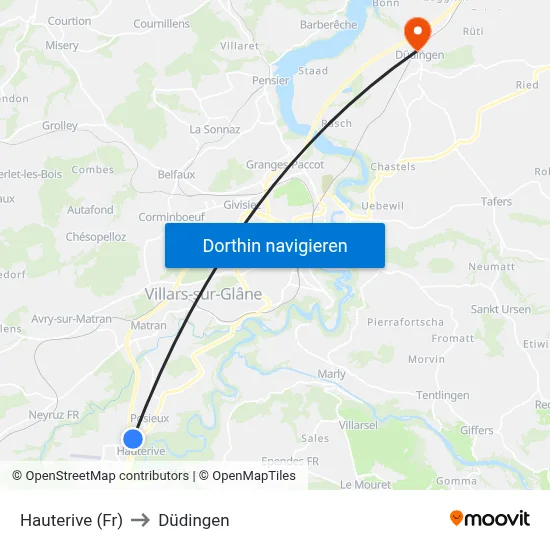 Hauterive (Fr) to Düdingen map