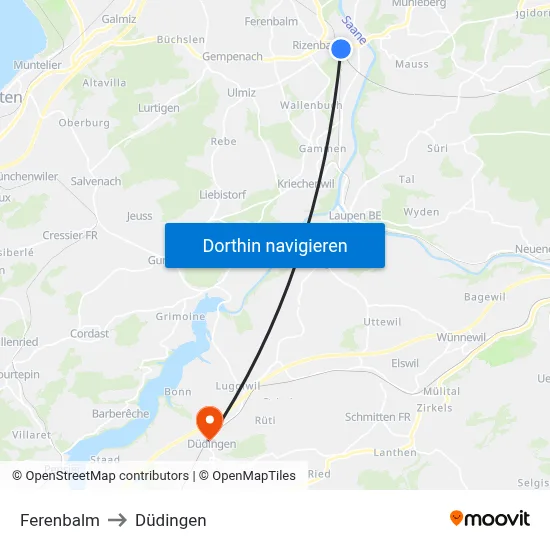 Ferenbalm to Düdingen map