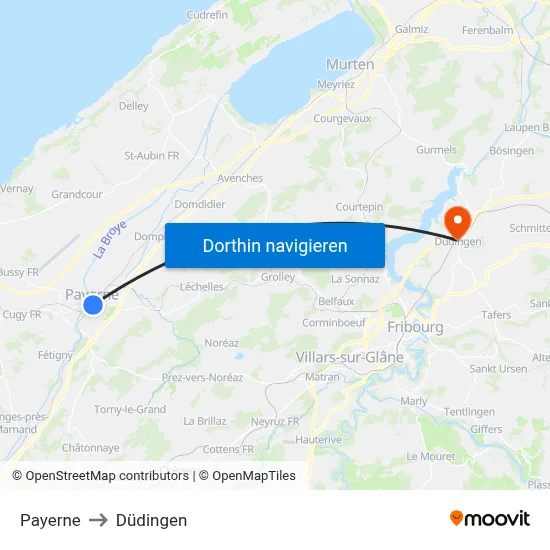 Payerne to Düdingen map