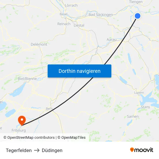 Tegerfelden to Düdingen map