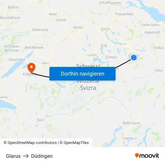 Glarus to Düdingen map