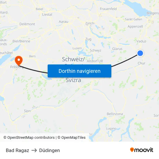 Bad Ragaz to Düdingen map
