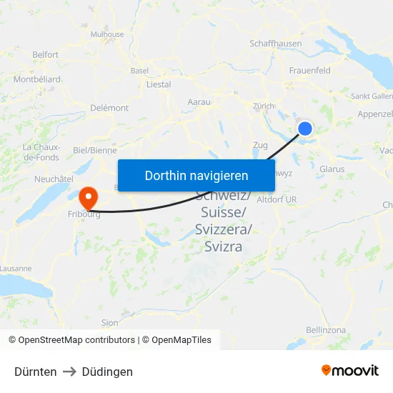 Dürnten to Düdingen map