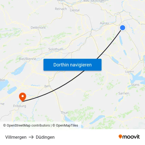 Villmergen to Düdingen map