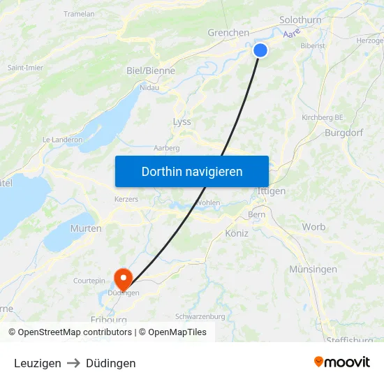 Leuzigen to Düdingen map