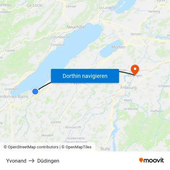 Yvonand to Düdingen map